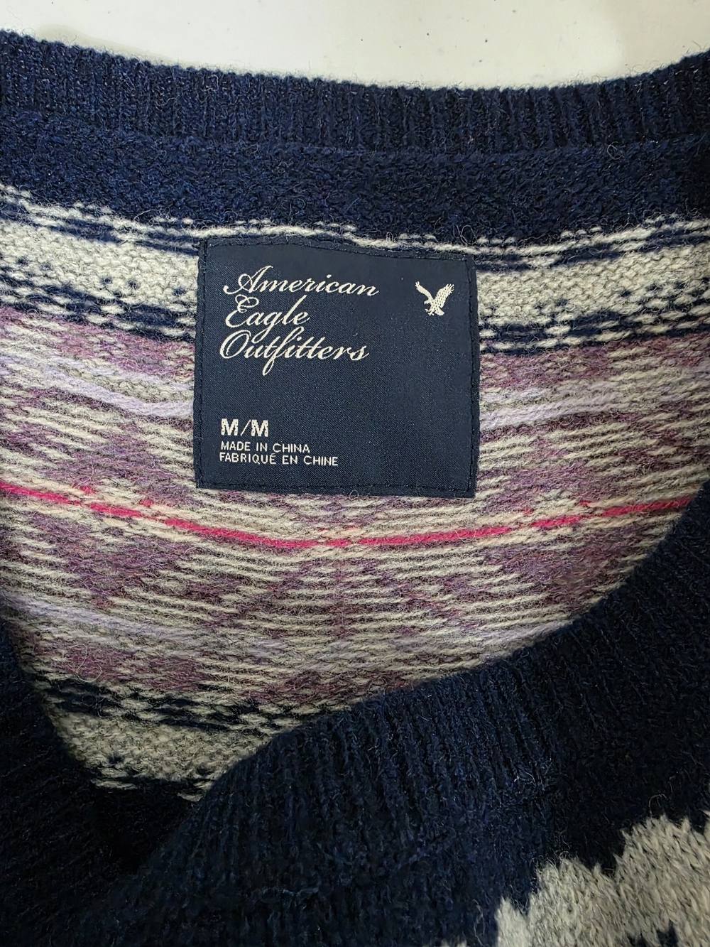NWT American Eagle Navy Crewneck Wool Sweater Lavender Fair Isle Yoke MEDIUM - Picture 7 of 12
